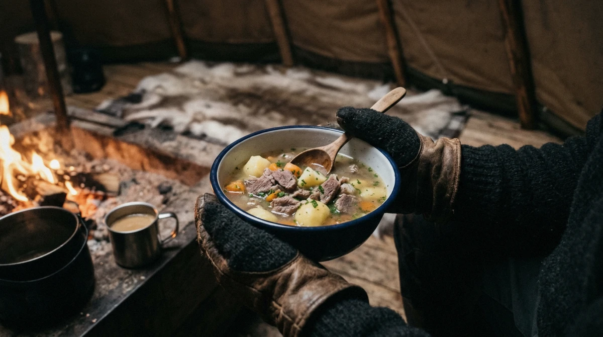 A bowl of bidos reindeer stew served after reindeer sledding in Tromsø