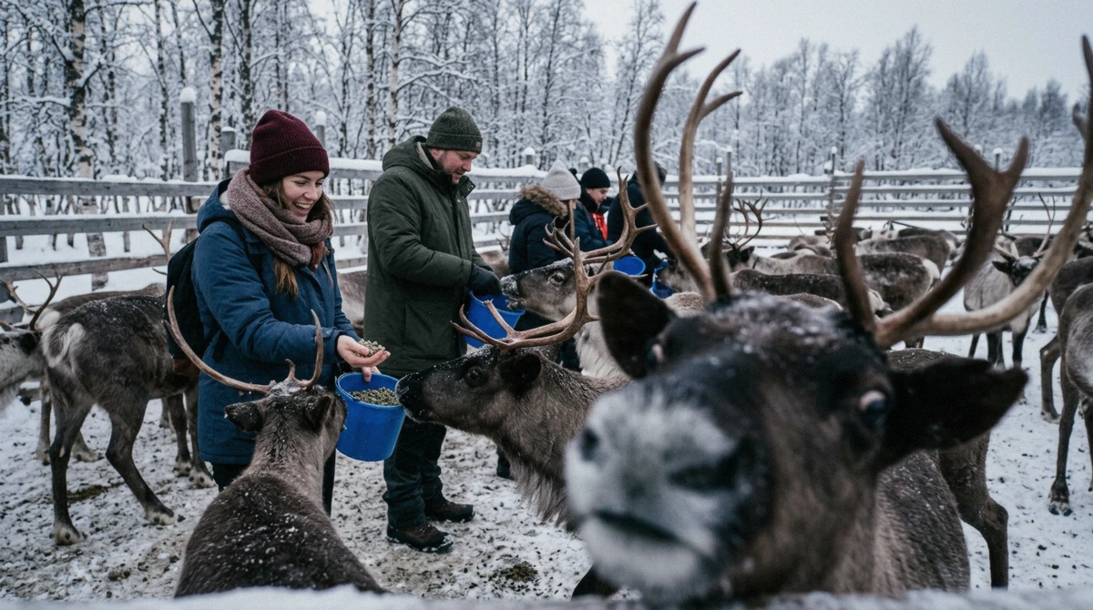 Hand-feeding reindeer from a bucket at a Sami camp on a reindeer sledding tour in Tromsø