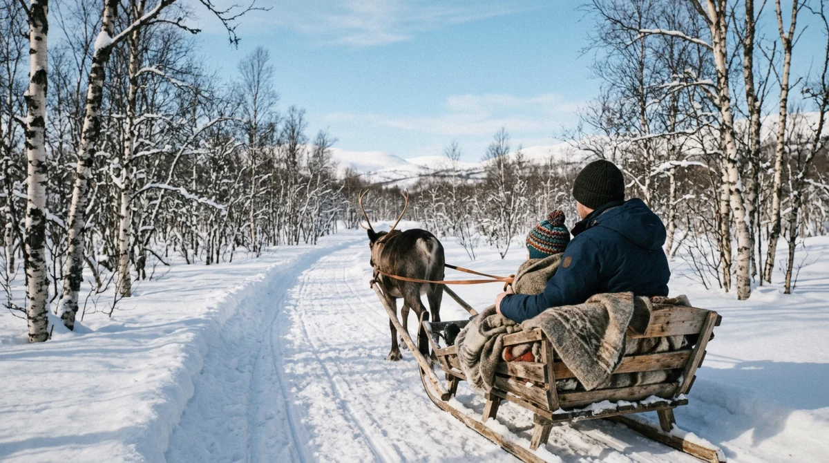 A parent and child in a reindeer sled on a sunny trail, reindeer sledding in Tromsø with kids