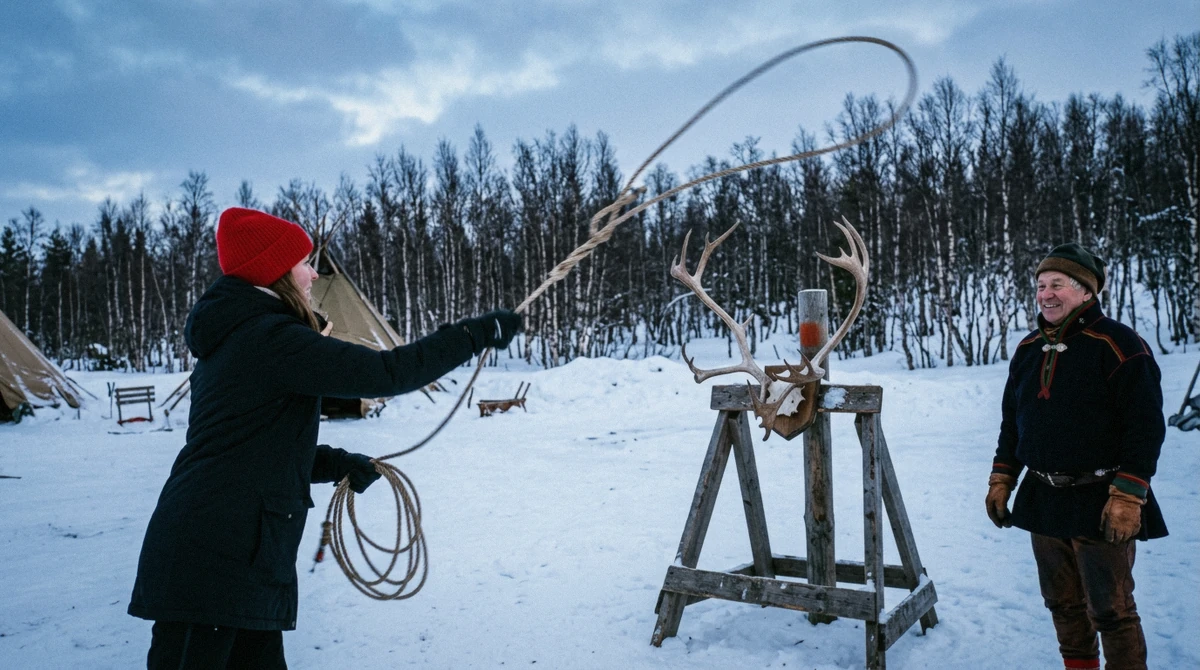 A visitor throwing a Sami lasso at antlers on a Sami reindeer sledding tour from Tromsø