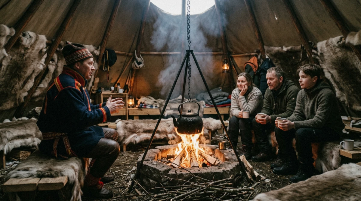 Stories and coffee around the fire inside a lavvu, part of reindeer sledding in Tromsø