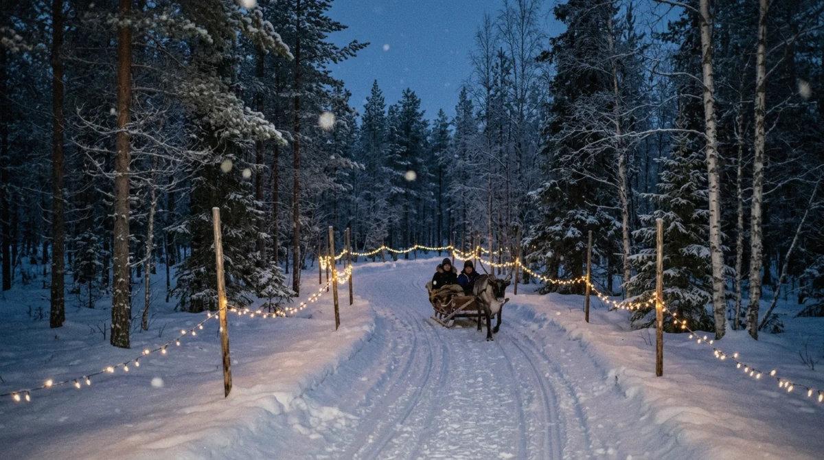 A reindeer sled trail lit with small lights in a snowy forest on a snowmobile and reindeer sledding tour from Tromsø