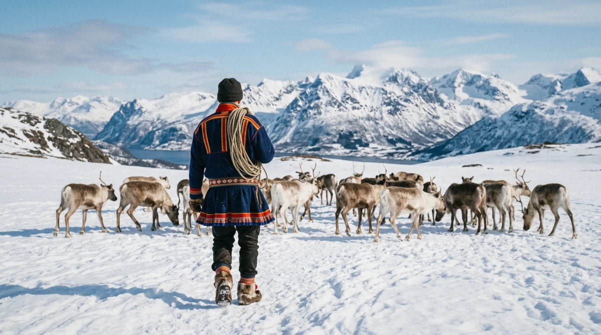 A Sámi herder in a gákti walking among reindeer on a sunny snowfield, Sámi culture in Tromsø