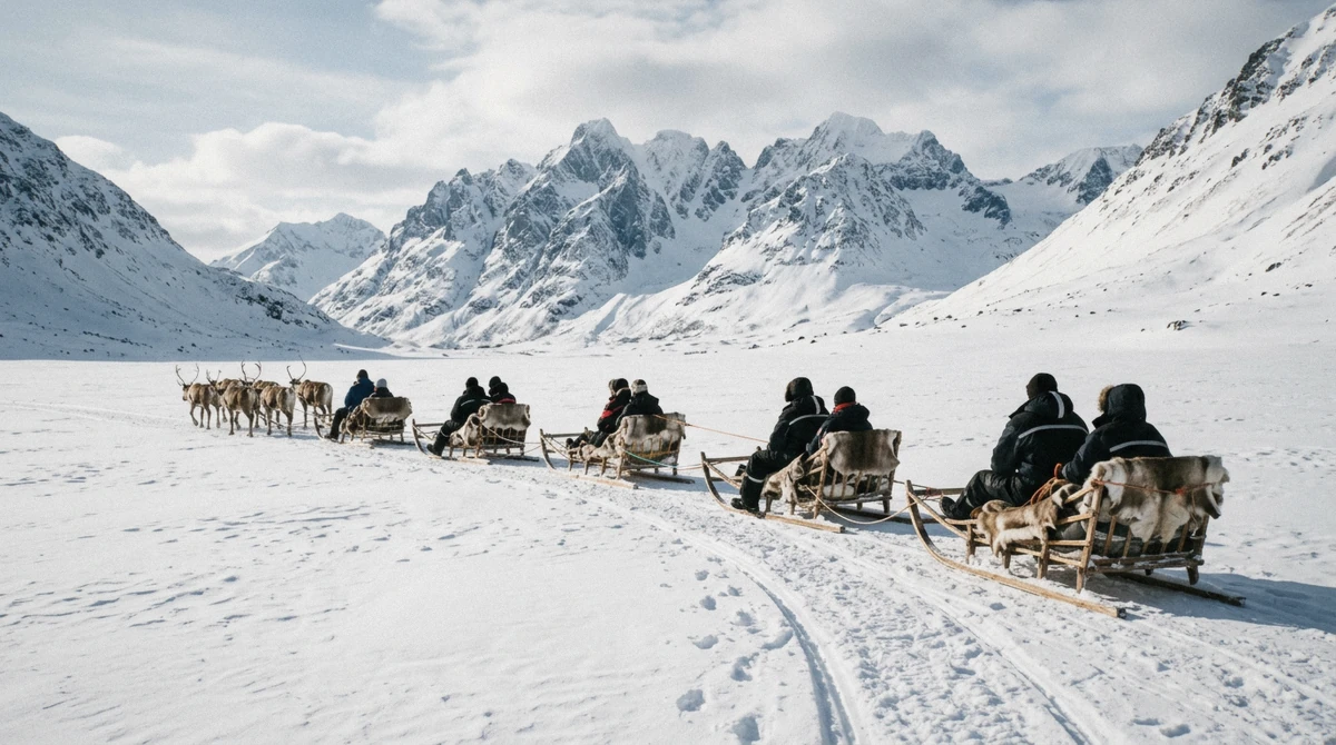 A row of reindeer sleds behind a lead reindeer below snowy mountains, a format of reindeer sledding in Tromsø