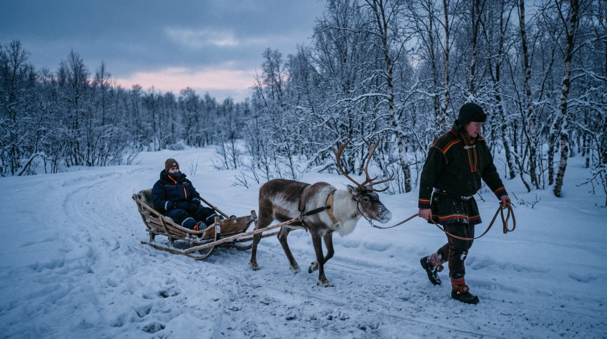 A short reindeer sled ride in the snow at a Sami family camp on a Sami reindeer sledding tour from Tromsø