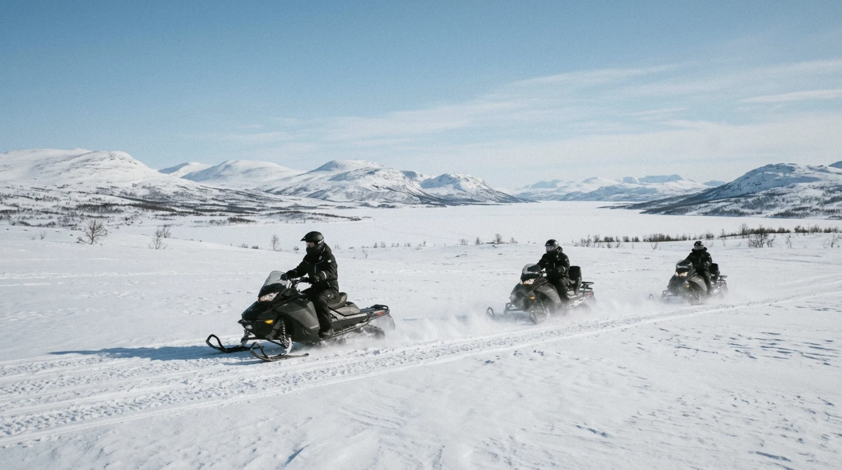 Snowmobiles crossing an open snowy plateau toward the Norway-Sweden-Finland border on a snowmobile and reindeer sledding tour