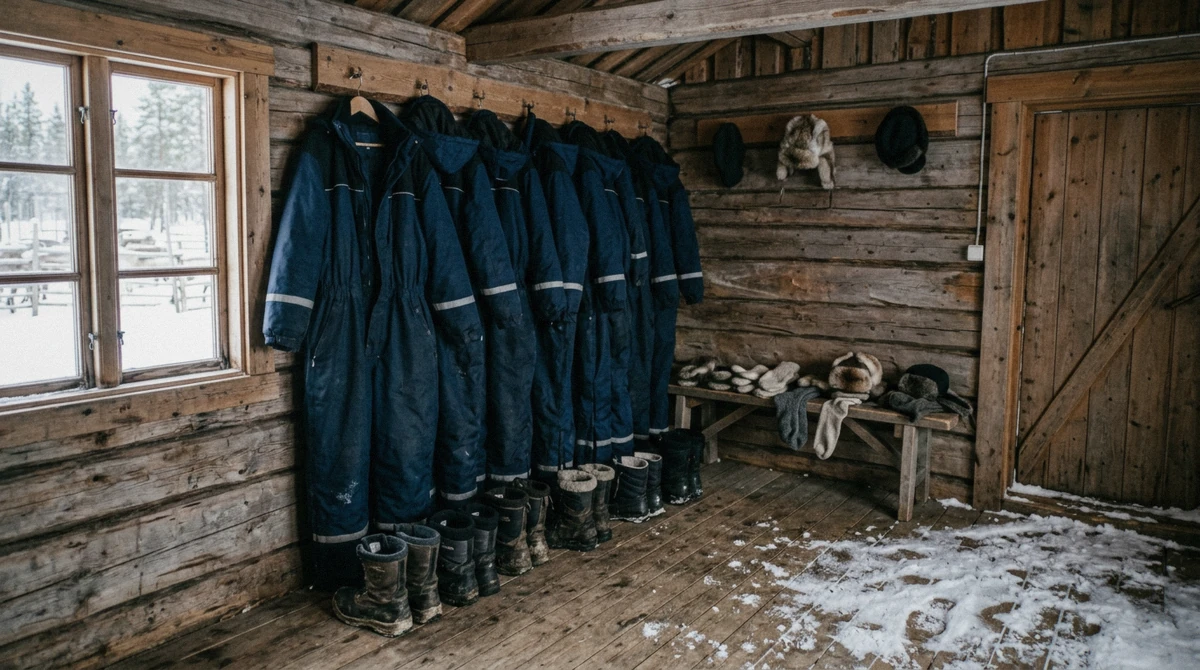 Snowsuits and boots ready for guests at a camp on a reindeer sledding tour in Tromsø