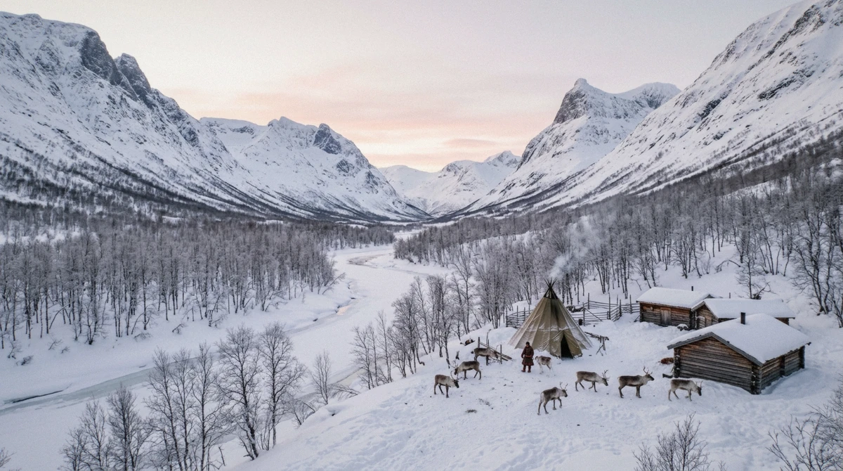The snowy Tamokdalen valley and a wilderness camp, the setting of Camp Tamok reindeer sledding