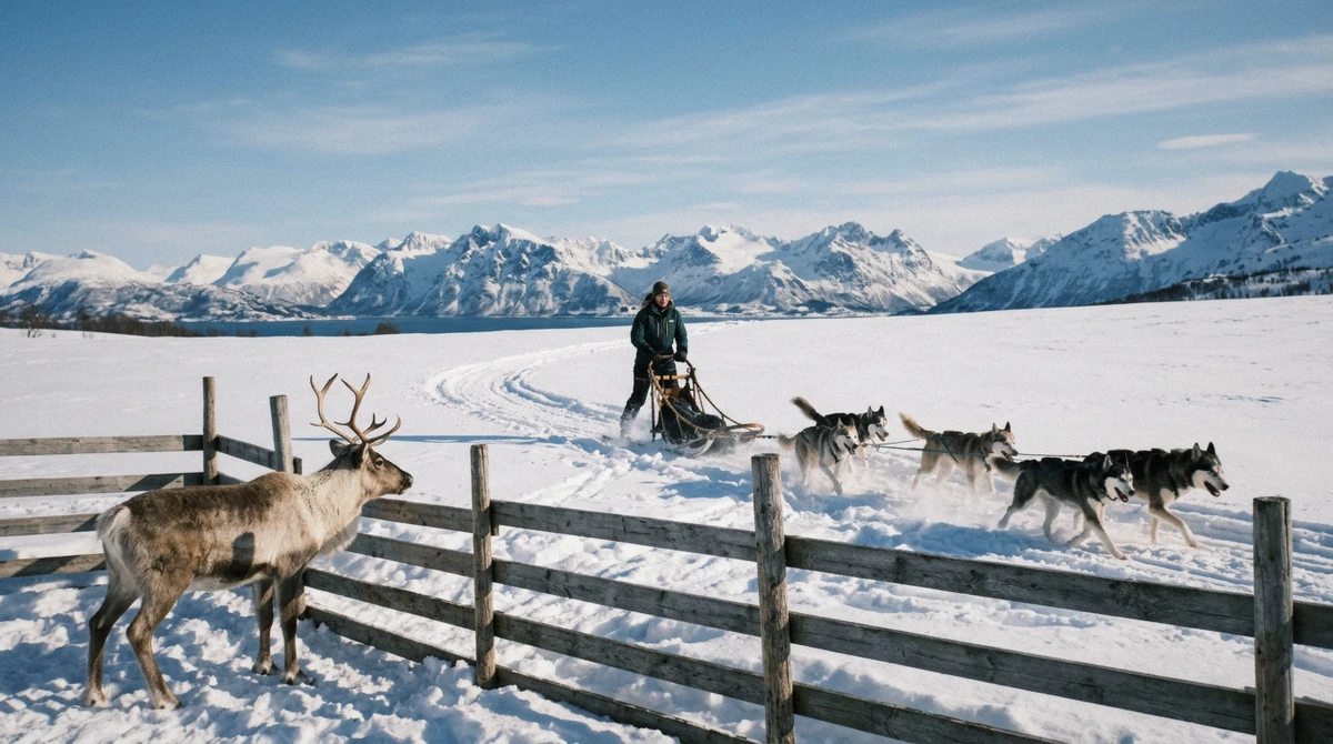 A husky team pulling a sled past a reindeer at a fence, the contrast in reindeer sledding vs dog sledding in Tromsø