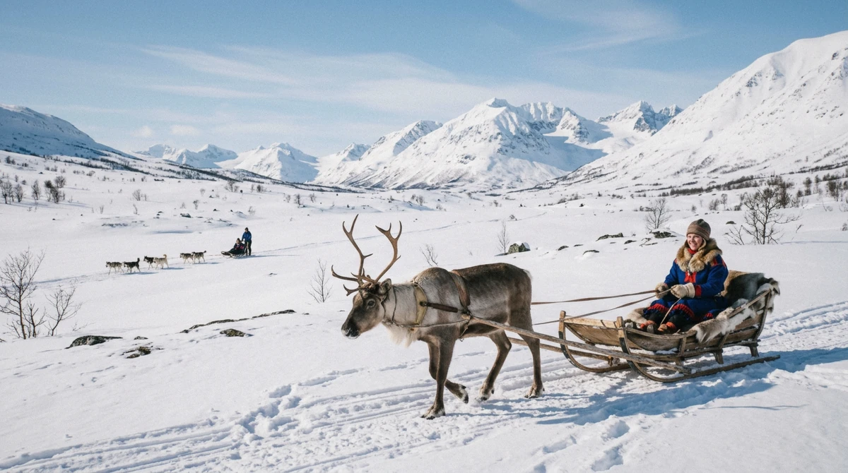 A reindeer sled in front and a husky team far behind in a sunny valley, reindeer sledding vs dog sledding in Tromsø