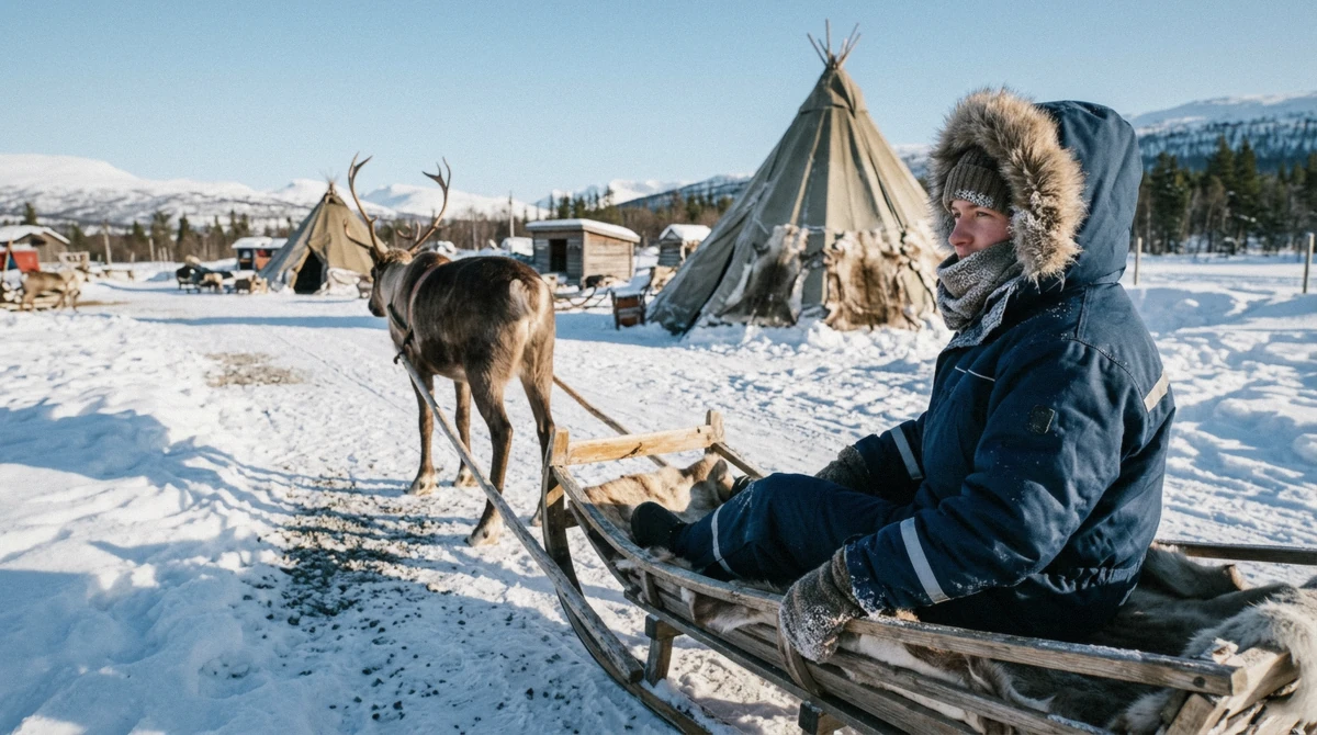 A traveller in a thermal snowsuit, fur hat and mittens in a reindeer sled, dressed right for reindeer sledding in Tromsø