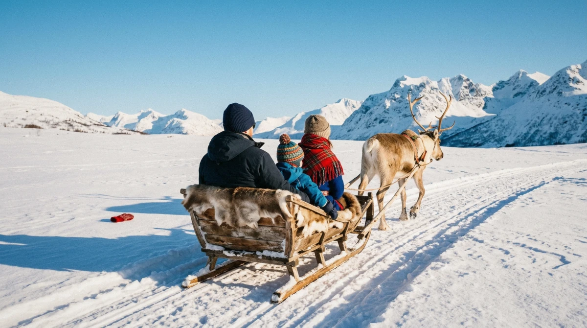 A family in a wooden sled pulled by a reindeer across a sunny snowfield, the kind of trip that makes reindeer sledding in Tromsø worth it